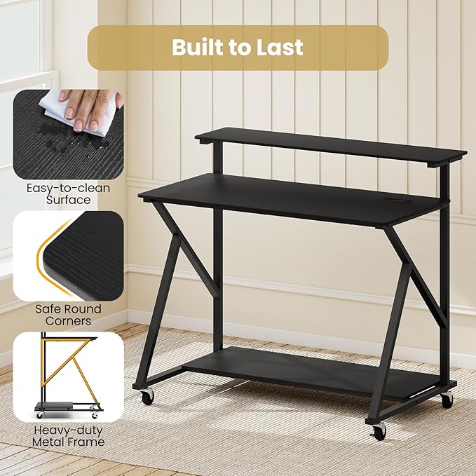 Tangkula 39.5 Mobile Computer Desk with Power Outlets Rolling Laptop Workstation with Monitor Stand &amp Storage Shelf Gaming Writing Desk with Lockable Wheels for Home Office Bedroom (Black)