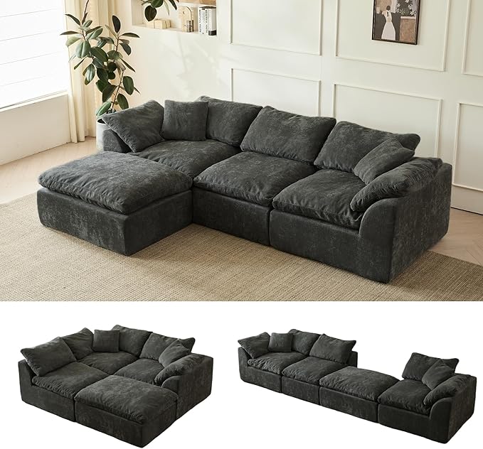 109 Cloud Sectional Couches for Living Room Convertible L-Shape Boneless Couch with Ottoman 3 Seater Compressed Sofa Modular Sectional Sofa (Black)