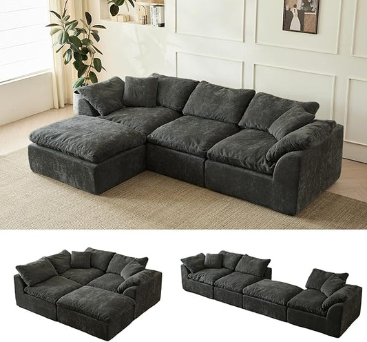 109 Cloud Sectional Couches for Living Room Convertible L-Shape Boneless Couch with Ottoman 3 Seater Compressed Sofa Modular Sectional Sofa (Black)
