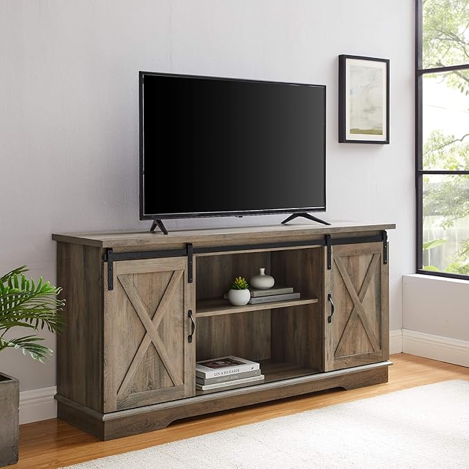 Walker Edison Richmond Modern Farmhouse Sliding Barn Door TV Stand for TVs up to 65 Inches 58 Inch Grey Wash