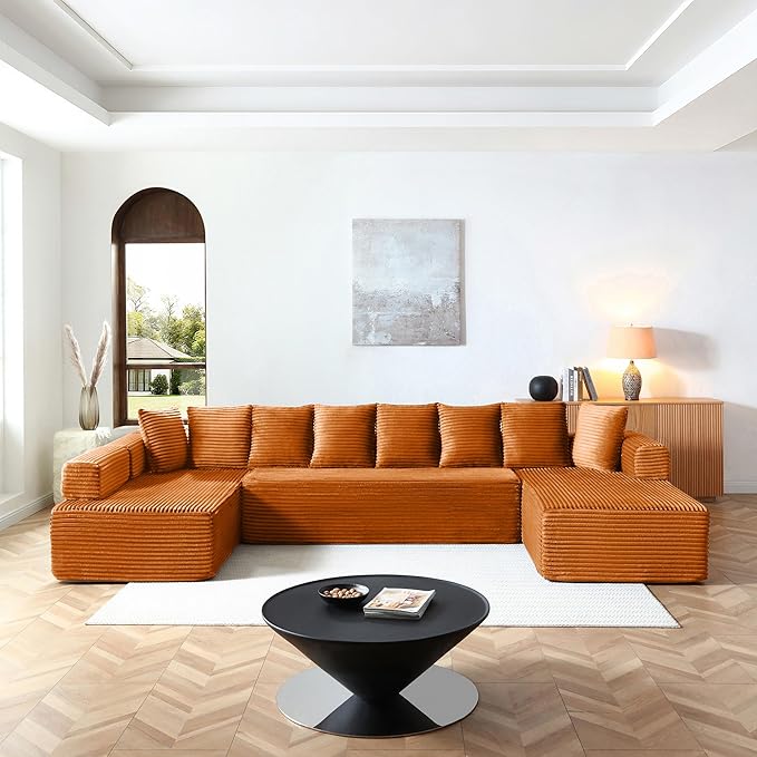 145 inch Modern Sectional Couch for Living Room Oversized Cloud Boneless Couch with Freely Movable Armrest and Fixed-Shape Frame Orange Modular Sofa U Shape Couches | No Assembly Required Free Comb