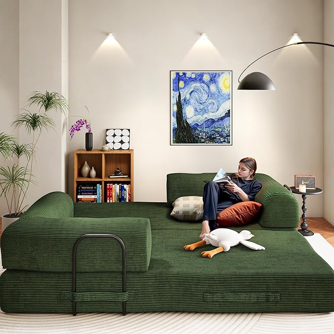79 Convertible Sofa Bed Boneless Corduroy Sleeper Foldable Modular Couch Memory Foam Compressed Sofa in A Box Folding Mattress Floor Couch for Small Space Living Room Apartment Bedroom Green