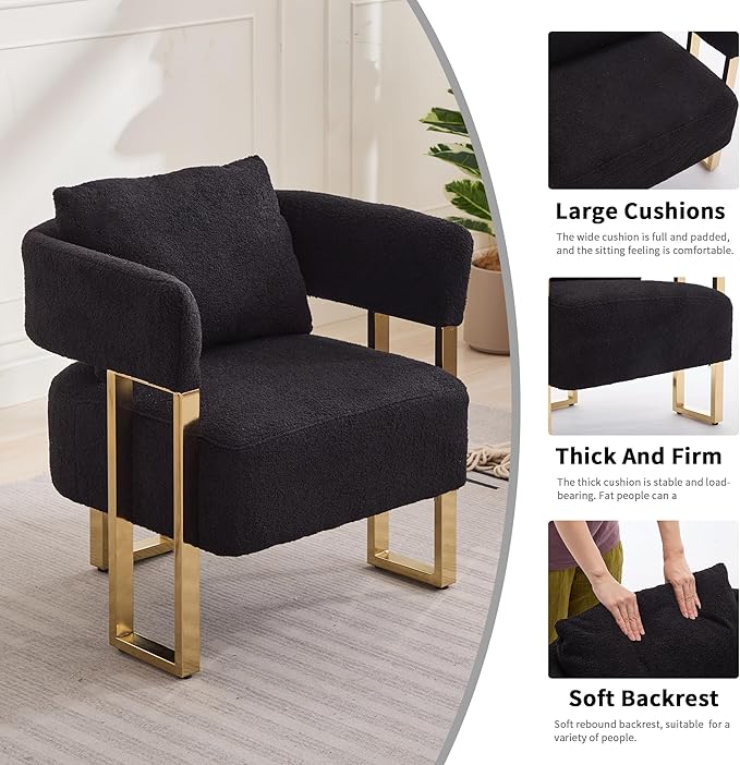 Yisheng Modern Barrel Accent Chairs Set of 2 Living Room Side Chairs with Golden Metal Legs Soft Upholstered Reading Armchairs no Wheels for vanity/Reception Room//Bedroom/Lounge/Office（Black Teddy）