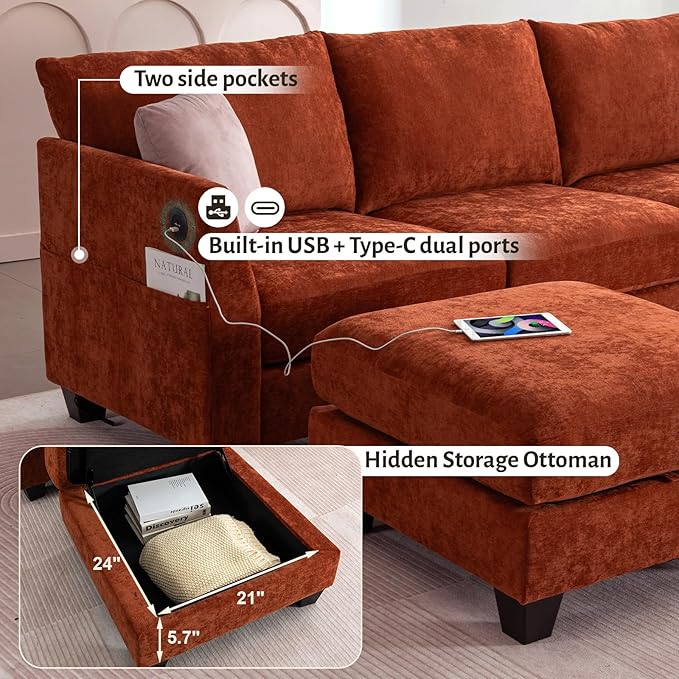 136.4 Modular Sectional Sofa U-Shaped 8 Seater Sectional Sofa with Storage Ottoman Linen L-Shaped Couch Large Cloud Couch with Cup Holders &amp USB for Living Room（Orange