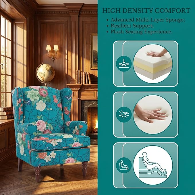 Mid Century Wingback Accent ChairModern Linen Fabric Upholstered Armchair with Retro Wooden LegsFloral Pattern Single Sofa ChairComfy Reading Chair for Living Room Bedroom Office (Floral Cyan)