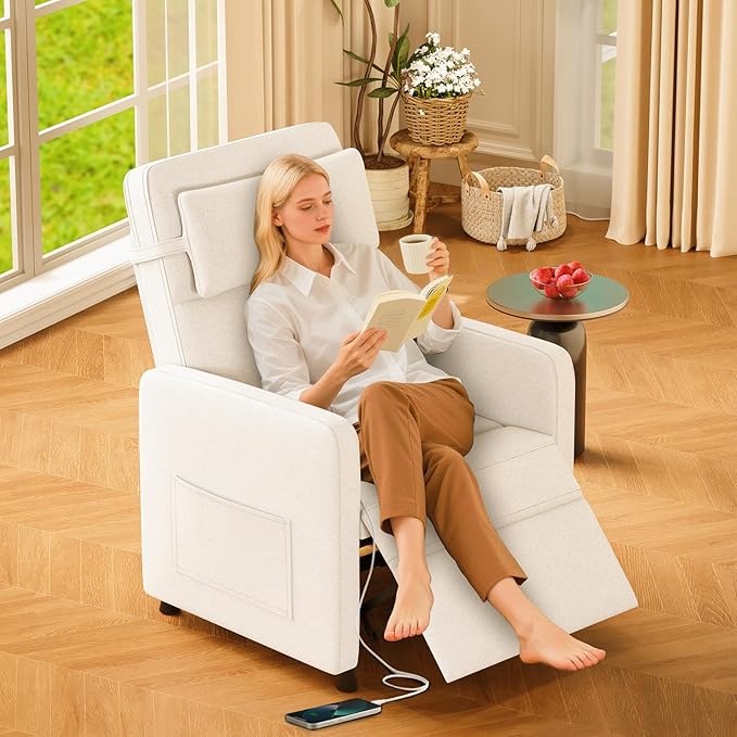 GarveeHome Recliner Chair Electric Reclining Sofa Adjustable Power Recliner Lazy Chair Home Theater Seating with Massage &amp Heat &amp Lumbar Support(Beige)