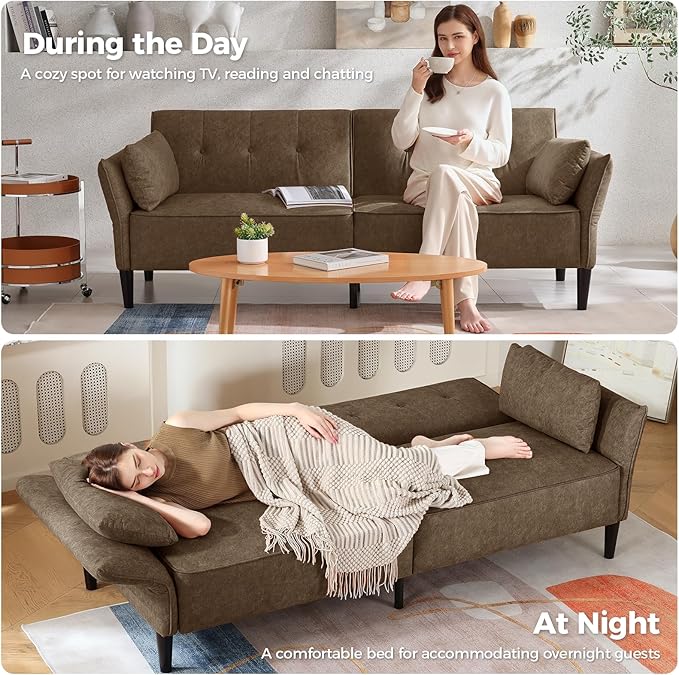 89” Futon Sofa Bed Comfy Futon Couch Bed with 2 Square Pillows Convertible Sleeper Sofa with Adjustable Backrest&amp Armrests Modern Loveseat Sleeper for Living RoomVelvet Fabric Brown