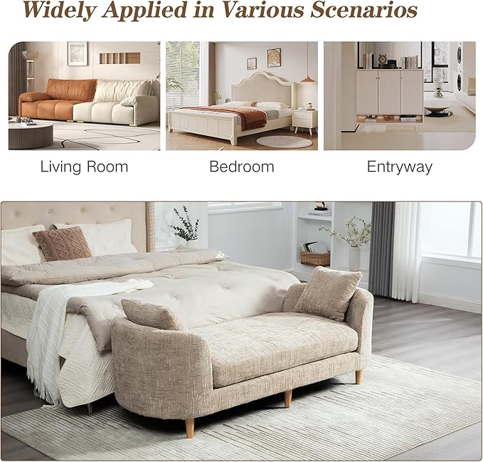 Chifee &amp Vingol 77.2 W Chaise Lounge Indoor Upholstered King Size End of Bed Bench with Arms Sleeper Sofa Daybed with Removable Pillows for Living Room Bedroom HallwayWheat