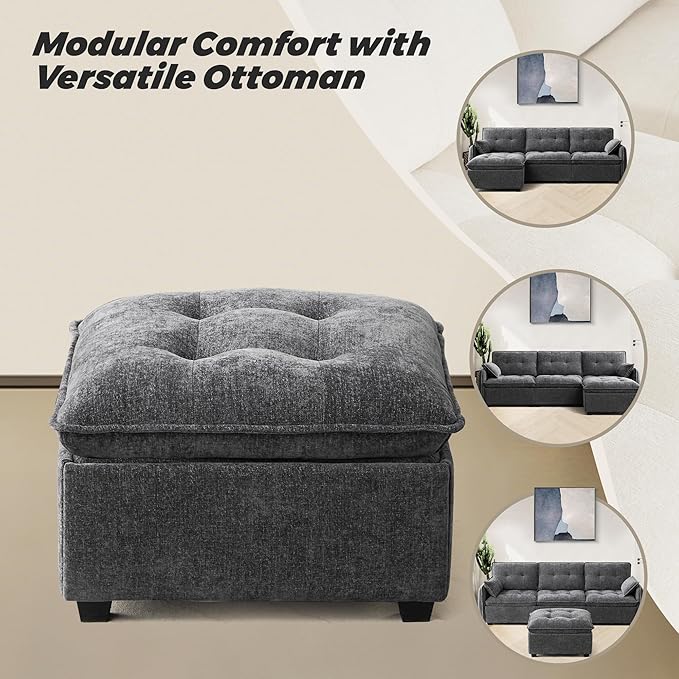 Oversized Modular Sectional Sofa with Ottoman 96.5'' 3 Seat Deep Seat Chenille Couch Convertible L Shaped Sofa with Pillows Comfy Seating Couch for Living Room Apartment Office (Grey)