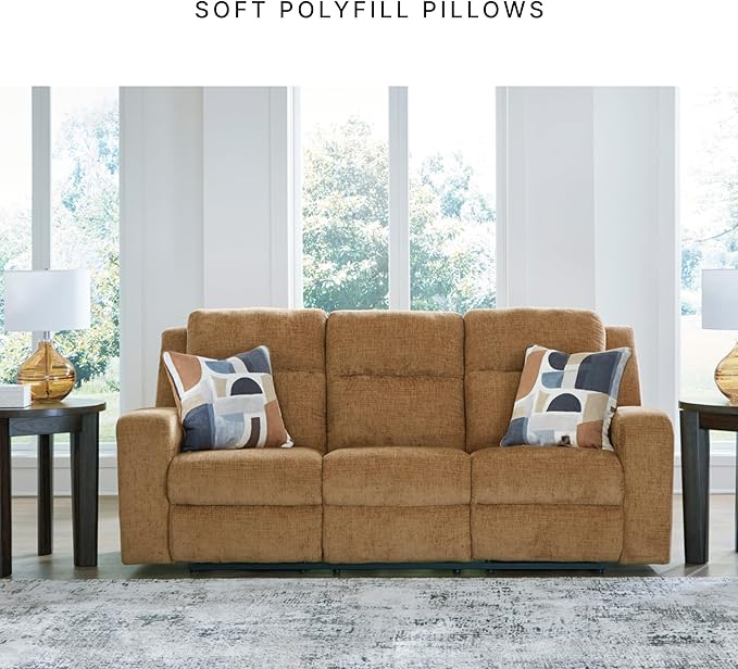 Signature Design by Ashley Kanlow Contemporary Manual Reclining Sofa with 2 Accent Pillows Light Brown
