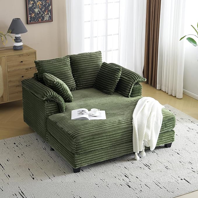 VINGLI Chaise Lounge Chair Indoor 56 Oversized Reading Chair Corduroy Chaise Sofa Recliner Bed Upholstered Comfy Sleeper Couch with Throw Pillows for Living Room Movie Room Bedroom