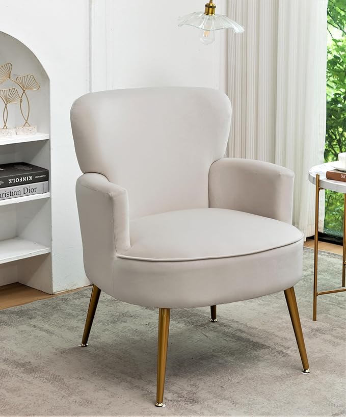 Trendy Velvet Accent Chair with Gold Metal Legs Upholstered Armchair for Small to Mid-Size Spaces Modern Living Room Bedroom Vanity Desk and Entryway Ivory