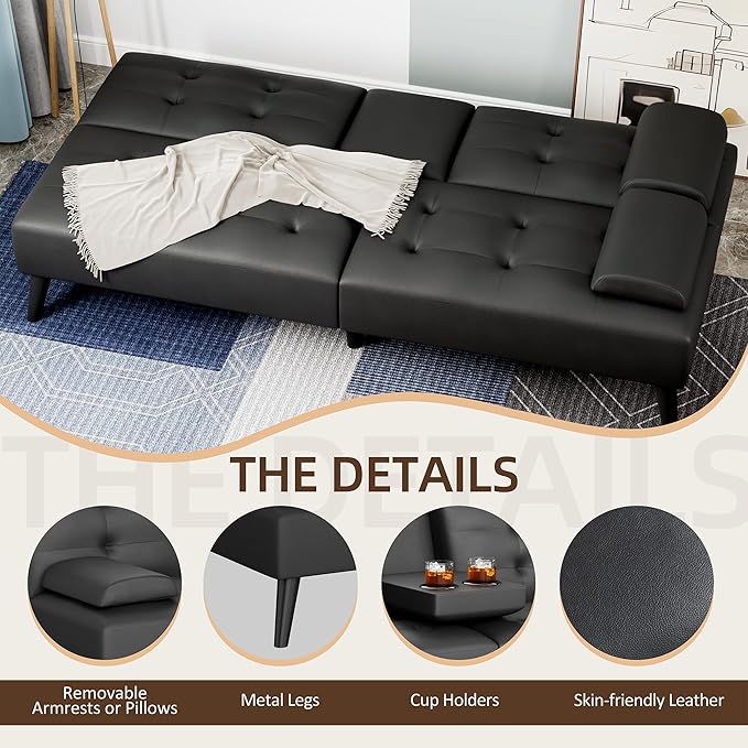 Shintenchi Futon Sofa Bed Leather Foldable Couch Reclining Sleeper with Removable Armrests Upholstered Loveseat Sofa Couch with Folding Cup Holders for Home Office(Black)