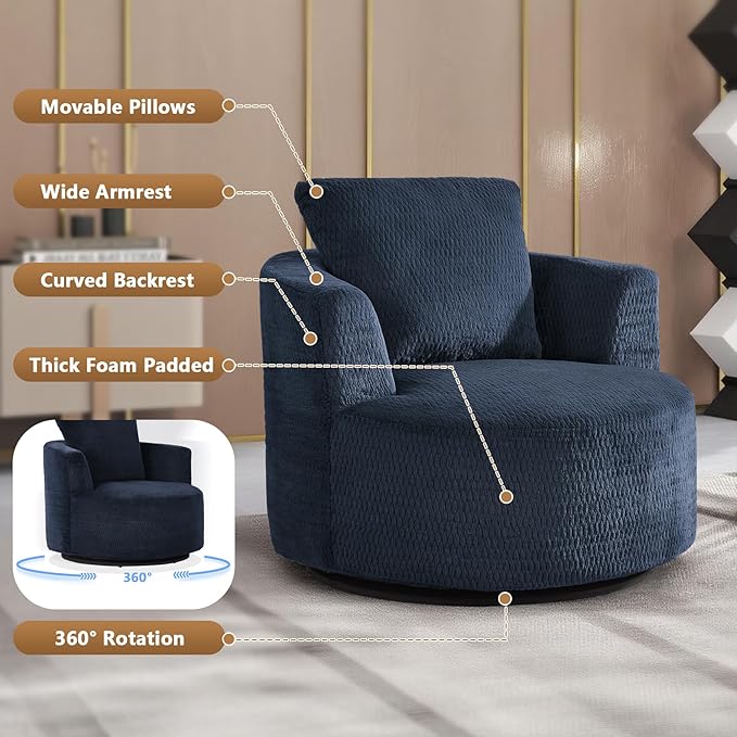 mikibama 39.4 W Swivel Round Chair Oversized Upholstered Sofa 360 Degree Swivel Barrel Chair Corduroy Comfy Deep Seat Sofa Chair for Living Room Bedroom Apartment
