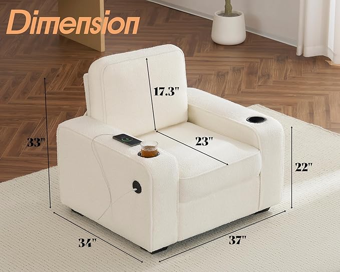 VanAcc Sofa Comfy Couch- Deep Seat Sofa Modern Couch with Cup Holders &amp USB Charging Ports Sofa Chair for Living Room(Offwhite Bouclé)