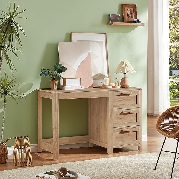 Office Desk 48 with 3 Drawers Storage File Cabinet Wood Farmhouse Desk for Computer Office Bedroom Home Furniture Natural