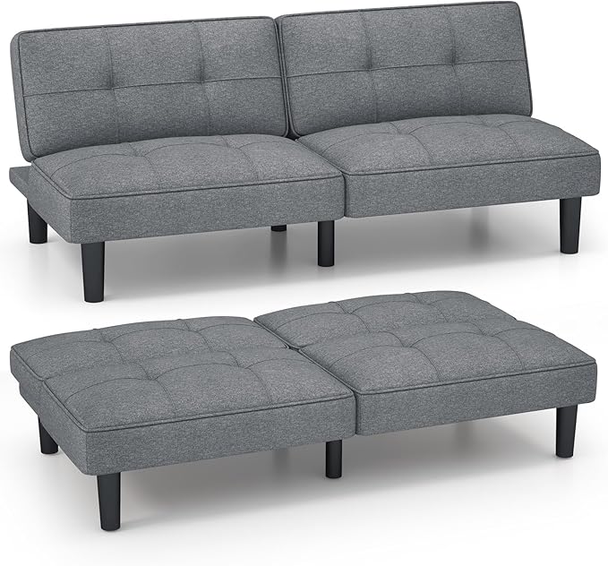 KOMFOTT Convertible Futon Sofa Bed Upholstered Folding Linen Sleeper Couch with 6-Position Adjustable Backrest Thick Cushion Adjustable Recliner Couch Bed Loveseat for Living Room Small Spaces