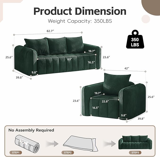 Comfy 3-Stear Sofa with 2 Armchair Set of 3 Corduroy Sofa for Living Room Boneless Lounge Floor Cloud Couch for Small Spaces for Bedroom Office Apartment Green
