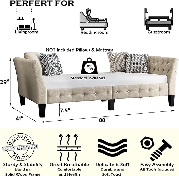 Rosevera Roche Upholstered D11 Button Tufted Fine Polyester Easy aseemble with Wooden Legs Twin Size Daybed Sleeper Couch for Living Room Bedroom Beige