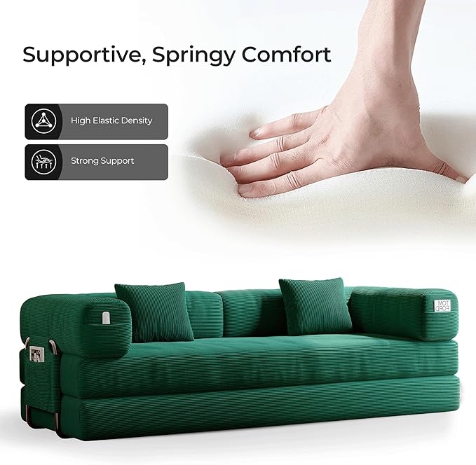 5-in-1 Folding Convertible Sofa Bed Loveseat Sleeper with Pull-Out Bed Floor Sofa Modular Futon Couch 79 Oversized Corduroy Upholstered Boneless Couch for Living Room Bedroom Lounge Green—A