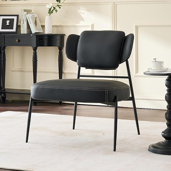 Oversize Accent Chair with Big-Ear Backrest - Modern Black Leather Armless Chair with Thick Cushion &amp Metal Frame for Lounge Living Room Waiting Room Bedroom Office