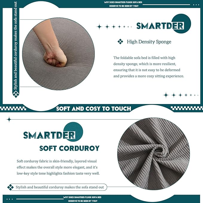 Convertible Folding Sofa Bed Modular Floor Sofa with Removable Backrest 3-Seater Fold Out Couch Bed with Pillows King Size Futon Lazy Couch Corduroy Sleeper for Living Room Dorm Grey