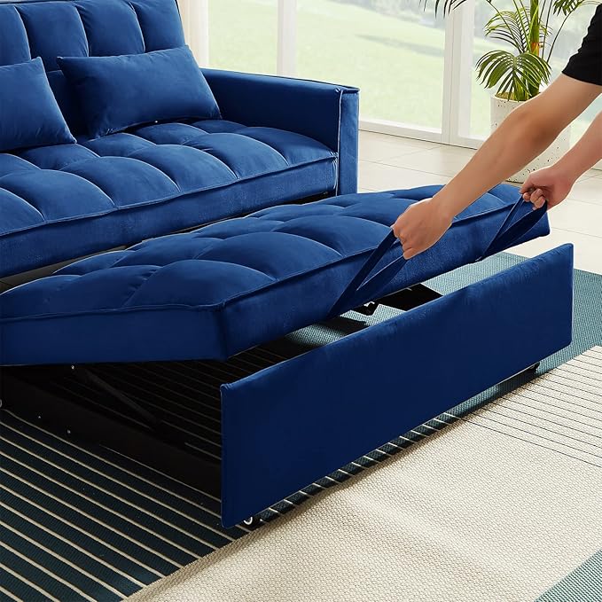Sleeper Sofa Couch w/Pull Out Bed 55 Modern Velvet Convertible Sleeper Sofa Bed Small Love seat Sofa Bed with 2 Pillows &amp Side Pockets for Small Space Living Room Apartment Blue