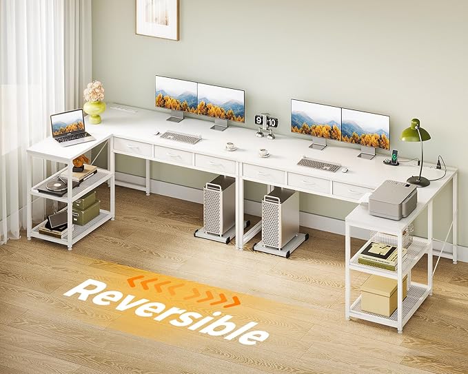 Casaottima L Shaped Desk Reversible Computer Desk with 3 Fabric Drawers 53 Corner Desk with Power Outlets&ampStorage Shelves White Desk with Movable CPU Stand Desk for Home Office