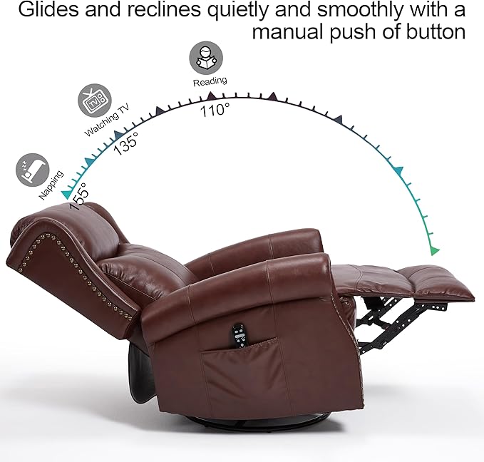 Manual Rocker Swivel Recliner Chair for Adults Vibration Massage Reclining Glider Chair with Lumbar Heat Rivet Design Single Sofa for Living Room Genuine Leather Dark Red