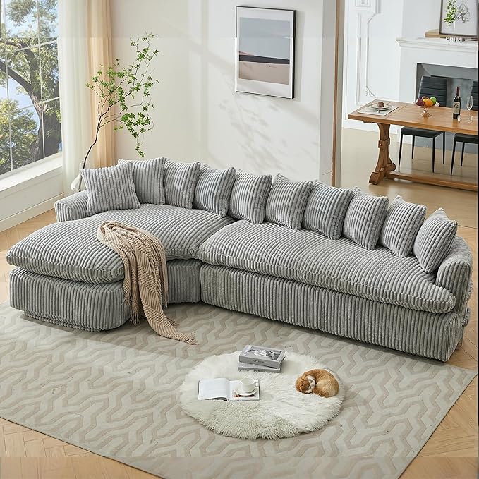 127 Modular Sectional Corduroy Sofa L Shaped Cloud Couch with 10 Pillows Comfy Curved Sofa with 7 Iron Frames Modern Left Chaise Lounge Couches for Living Room Bedroom Apatment Gray