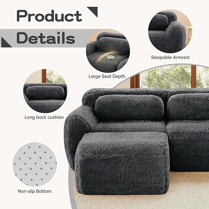 Modern Boneless Ottoman for Modular Sectional Sofa Set Deep Seat Compressed Plush Fabric Fabric Cloud Couches for Living Room Apartment No Assembly Required Grey