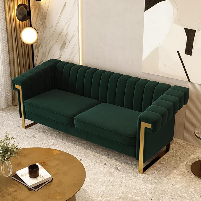 Mid-Century Modern Green Velvet Sofa with Gold Metal Legs 83.86 Luxury Chesterfield Comfy Couches for Living Room (Velvet Green)