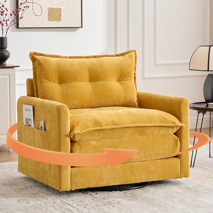 cinkehome Oversized Swivel Chair 36 Swivel Armchair Accent Chair for Living Room Mid Century Modern Thick Padded Arm Chairs Memory Foam Chenille Mustard Yellow