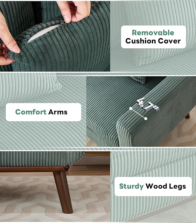 Tbfit 65 Corduroy Love Seat with Spring Cusions Mid Century Modern Loveseat Sofa for Livingroom &amp Bedroom Comfy Upholstered Small Couch