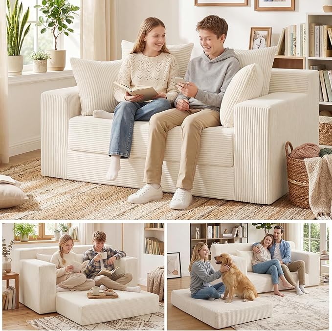 Convertible Sofa Bed 5 In 1 Small Boneless Couch Pull Out Loveseat Sleeper SofaCorduroy Futon Couch Folding Mattress with 4 Pillows for Living Room Bedroom Lounge (No Assembly) (Beige 58Inch)