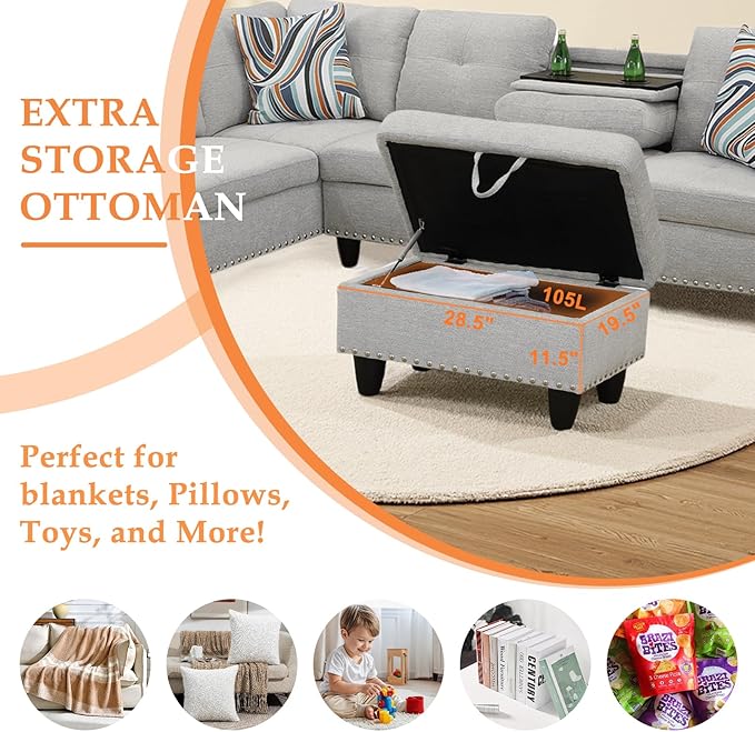 Wakefit Sectional Sofa Couch Modern 4-Seaters Living Room Furniture Sets with Chaise Lounge Ottoman &amp 2 Pillows | L Shape Couch | Cup Holder | Linen Fabric Light Gray