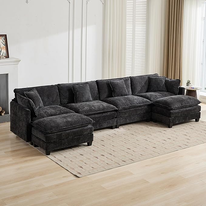 149.6 Modern Sectional Couches for Living Room Charcoal Grey Comfy Cloud Couch Sectional 4 Seater Couch for Living Room with 2 Ottoman Sofas para Sala U Shaped Modern Sofa (Grey Black 4+2 Set)