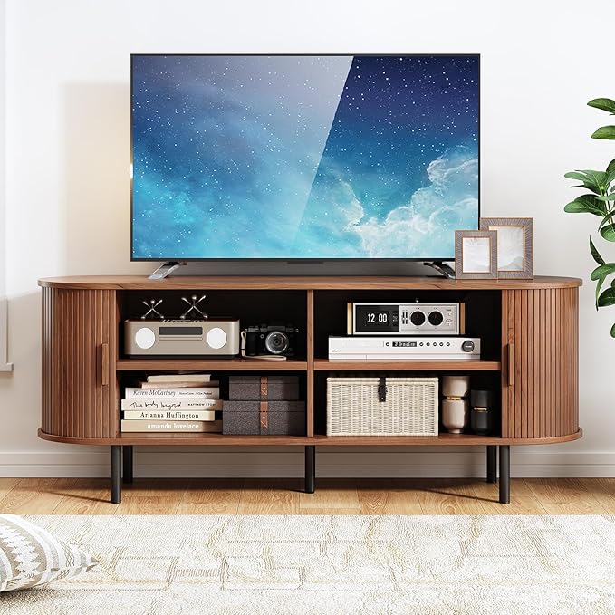 55 TV Stand with Power Outlet Mid-Century Modern Television Stand Fluted Media Console with Sliding Doors Entertainment Center for TVs up to 60 Inch Adjustable Shelves Walnut
