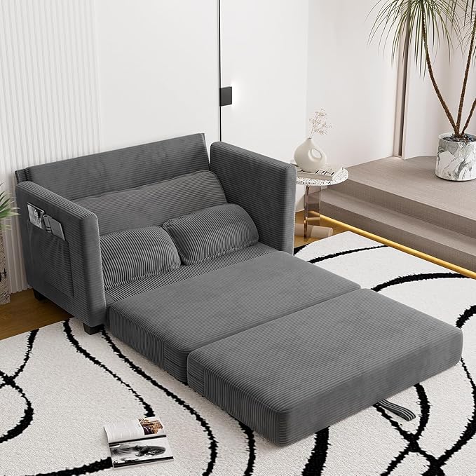 Convertible Sofa Bed Loveseat Sleeper Sofa with Side Storage &amp Solid Wood Frame Corduroy Small Couch Bed for Small Space Pull Out Floor Couch for Apartment Guest (Grey 51)