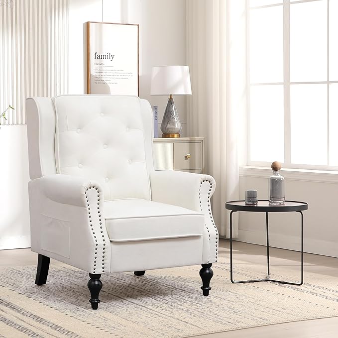 Modern Accent Chair Set Of 2 Wingback Living Room Chairs With High Back Accent Upholstered Armchair With Vintage Legs Comfy Sofa Chair Accent Chairs Set For Bedroom Home Office Reading WHITE
