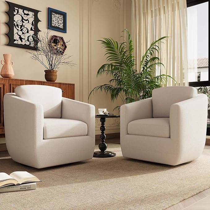 COLAMY 360° Swivel Accent Chair No-Sag Foam &amp Sturdy Metal Base Fully Assembled Living Room Armchair with Pillow Swivel Accent Single Sofa for Bedroom Living Room Reading Room Beige