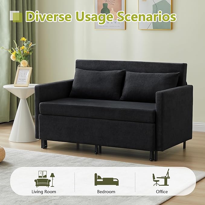 QHITTY Pull Out Couch Bed 2-in-1 Sleeper Sofa Small Loveseat Bed with Hidden Side Table and Iron Frame for Living Room Small Space Apartment (Black)