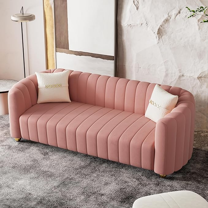 Luxury Velvet Sofa for Living Room 84 Mid-Century Modern Couch 3 Seater Sofa with Gold Legs &amp 2 Pillows Sectional 3 Seater Couch Upholstered Sofa for Living Room Home Office Apartment Pink
