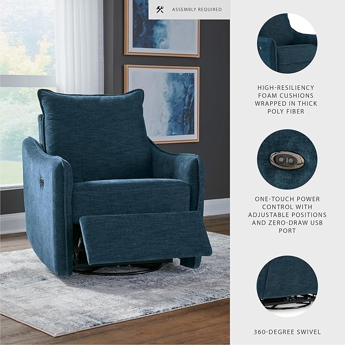 Signature Design by Ashley McBurg Contemporary Swivel Power Recliner with USB Charging Blue