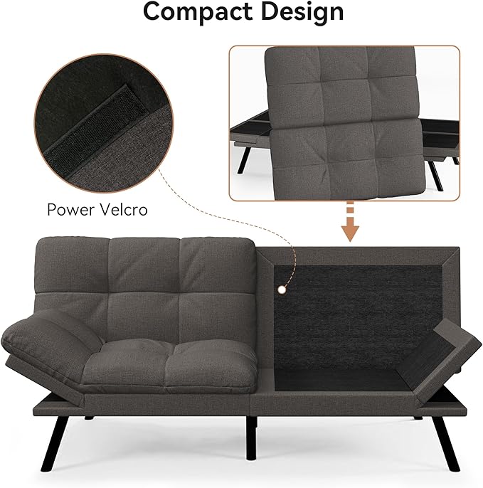 Vyfipt Convertible Futon Sofa Bed 71 Memory Foam Futon Couch with DetachableAdjustable BackrestLinen Fabric Folding Small Loveseat Sleeper for for Living RoomRVOfficeApartmentDark Grey