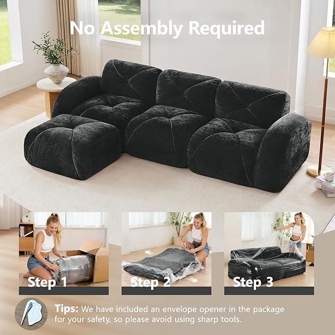 110-Inch Cloud Sectional Couches L-Shaped 4 Seat Boneless Modular Sofa with Ottoman Velvet Tufted Upholstered Boneless Couch Floor Full Foam Sofas for Living Room