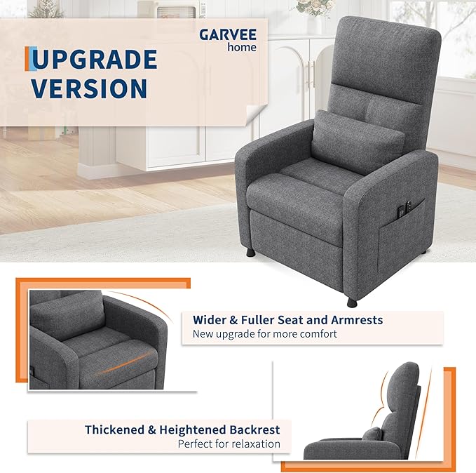 GarveeHome Power Recliner Chair Adjustable Electric Recliner Ergonomic Overstuffed Single Sofa Tall Back Padded Seat 2 Side Pockets and USB Port Home Theater Seating for Living Room