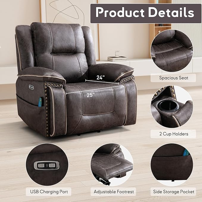 Bonzy Home Power Lift Recliner Chair for Elderly with Massage and Heating Dual Motor Faux Leather Lift Chair with Spacious Seat 2 Cup Holders Adjustable Headrest (Grey Brown)