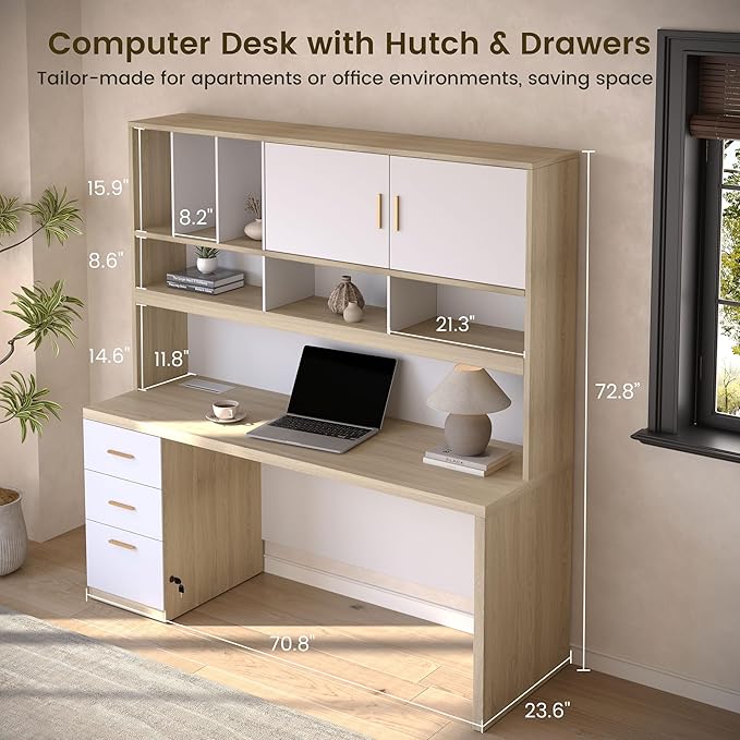 Computer Desk with Hutch and File Cabinet 72.8 Home Office Desk Set Under Desk Storage Cabinet All-in-One Study Writing Desk with Power Outlet 1.18 Desktop Privacy Panel Light Walnut