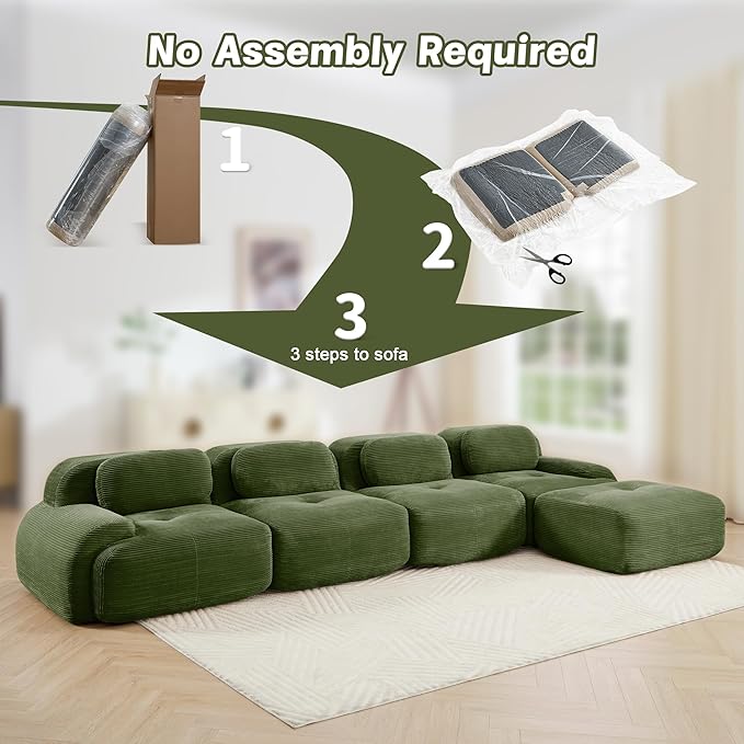 153 Foam Compressed Cloud Sofa28 Feep Seat Pet-Friendly Corduroy Oversize Sectional Couch with Movable Ottoman 4 Seater Modular Cloud Couch for Living Rooms Apartments Leisure RoomsGreen